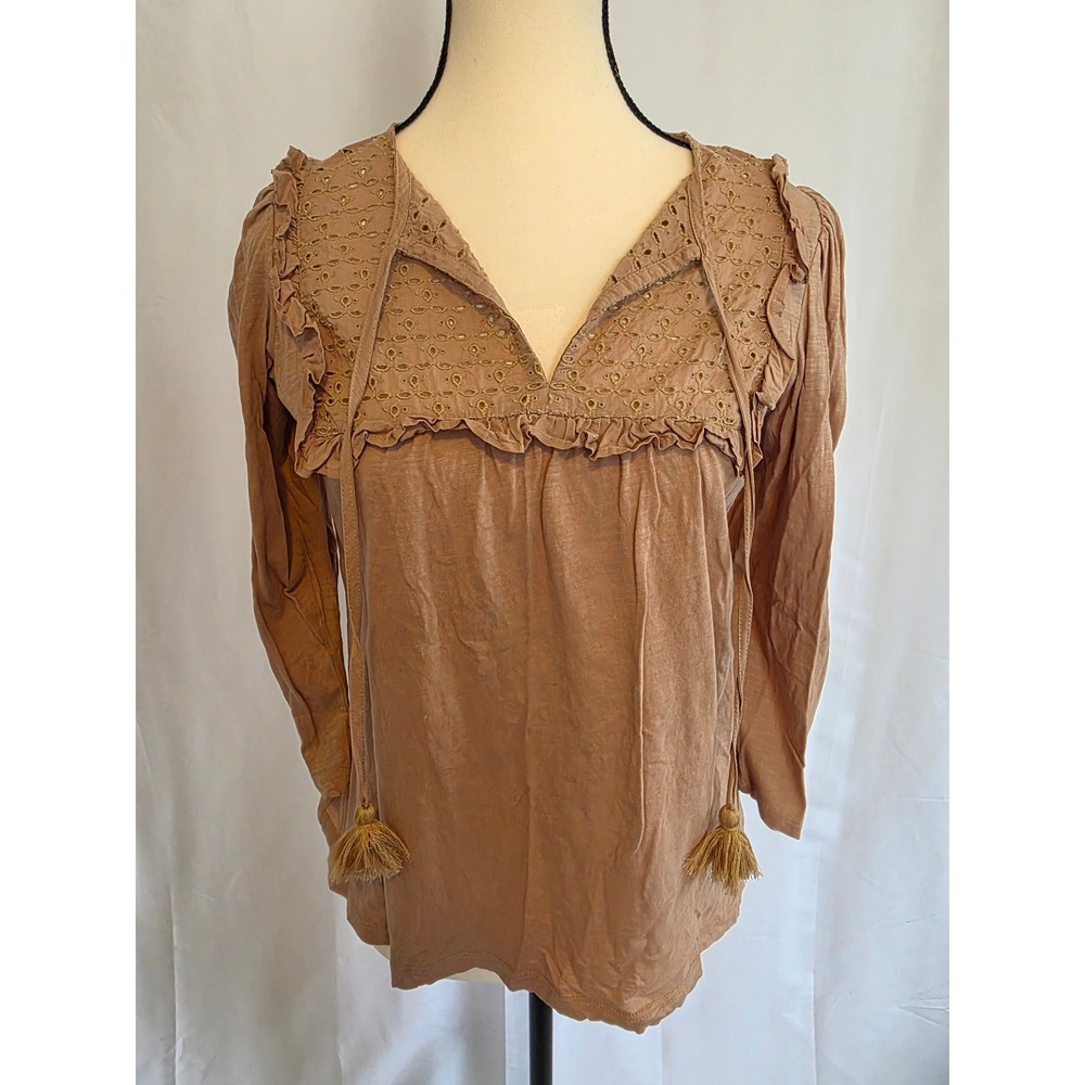 LOFT Brown Gauze Embroidered‎ Tassel V Neck Long Sleeve Tunic Top S